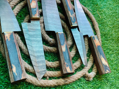 Custom Handmade 5-Piece Damascus Steel Chef Knife Set – Professional Kitchen Cutlery with Wooden Handles & Leather Bag