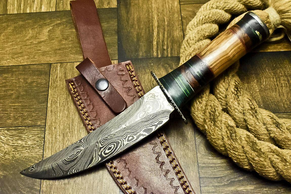 Hand Forged Damascus Steel Bowie Knife | 11.8" Olive Wood Hunting Knife with Leather Sheath