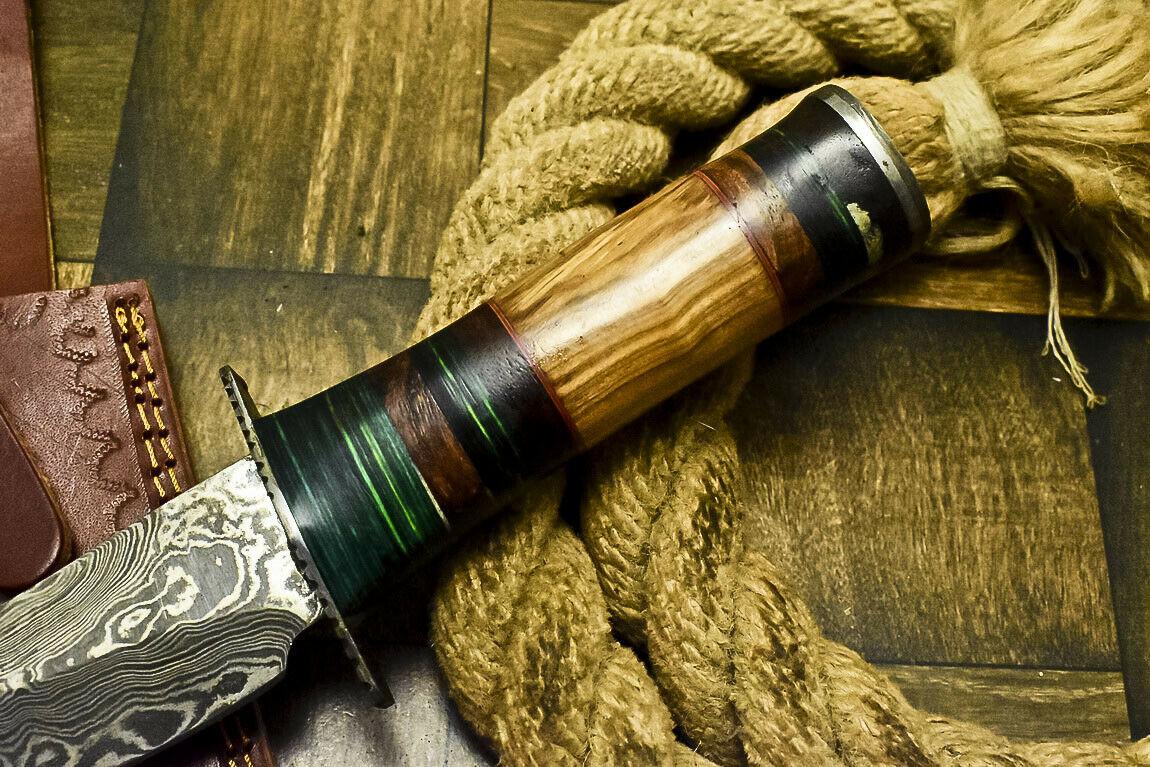 Hand Forged Damascus Steel Bowie Knife | 11.8" Olive Wood Hunting Knife with Leather Sheath