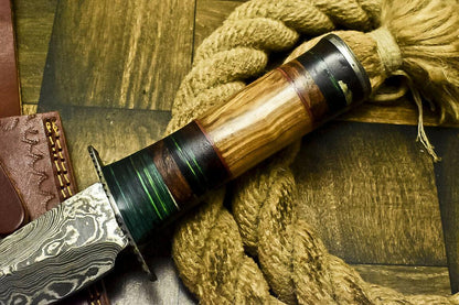 Hand Forged Damascus Steel Bowie Knife | 11.8" Olive Wood Hunting Knife with Leather Sheath