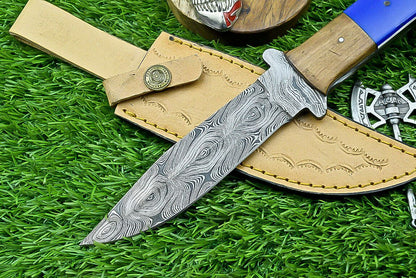 10" Damascus Steel Bowie Knife with Resin Wood Handle & Leather Sheath