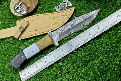 10" Damascus Steel Bowie Knife with Resin Wood Handle & Leather Sheath