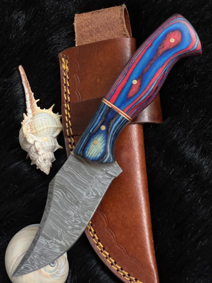 8 Inch Twist Damascus Bowie Knife with Camel Bone and Wood Handle