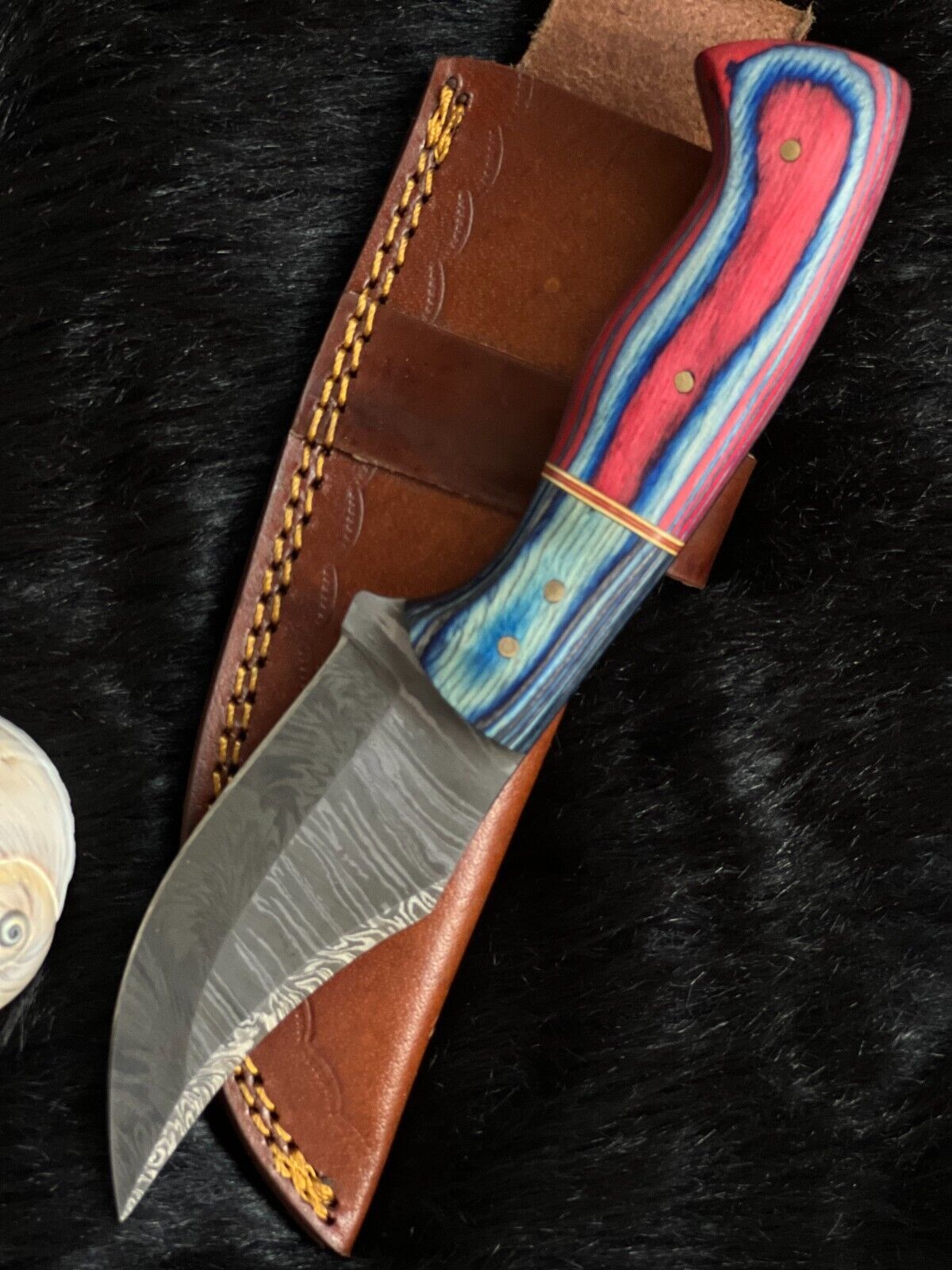 8 Inch Twist Damascus Bowie Knife with Camel Bone and Wood Handle