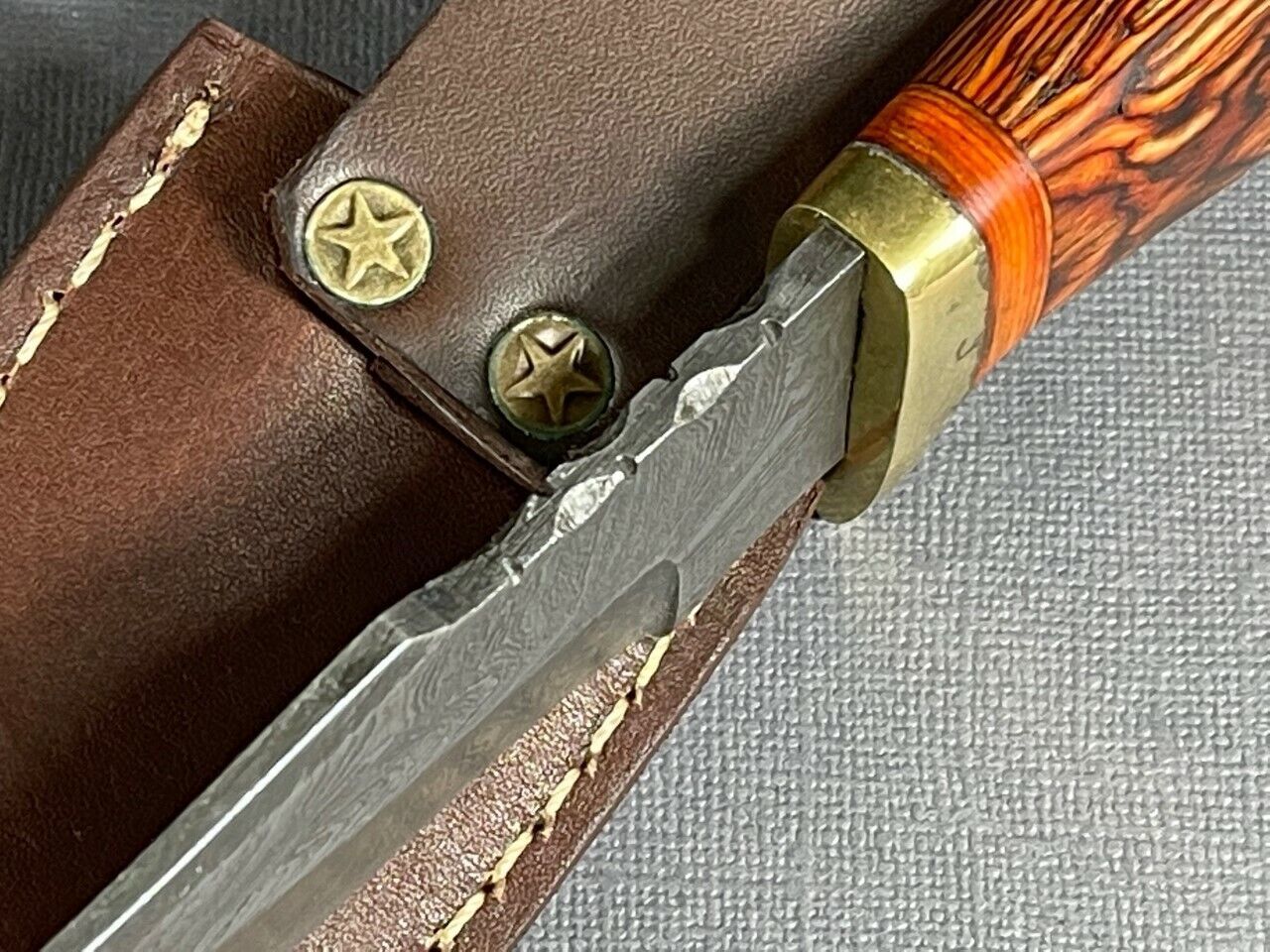 Full Tang Damascus Skinner Knife with Wood Handle and Brass Guard