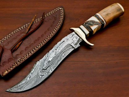12" Handmade Damascus Bowie Hunting Knife | Engraved Bone & Wood Handle