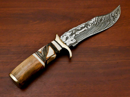 12" Handmade Damascus Bowie Hunting Knife | Engraved Bone & Wood Handle