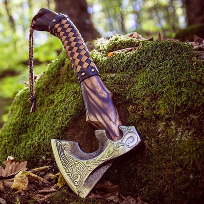 Hand Forged Damascus Steel Odin’s Viking Axe Bearded Camping Hatchet Battle Ready with Leather Sheath