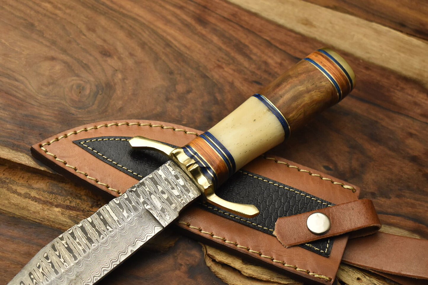 12 Inch Handmade Damascus Steel Bowie Knife Camel Bone Handle Brass Guard