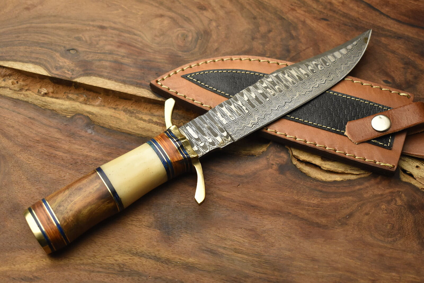 12 Inch Handmade Damascus Steel Bowie Knife Camel Bone Handle Brass Guard