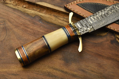 12 Inch Handmade Damascus Steel Bowie Knife Camel Bone Handle Brass Guard