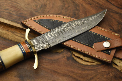 12 Inch Handmade Damascus Steel Bowie Knife Camel Bone Handle Brass Guard