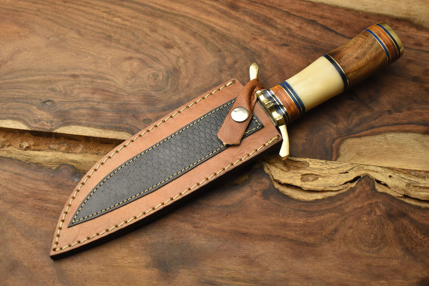 12 Inch Handmade Damascus Steel Bowie Knife Camel Bone Handle Brass Guard