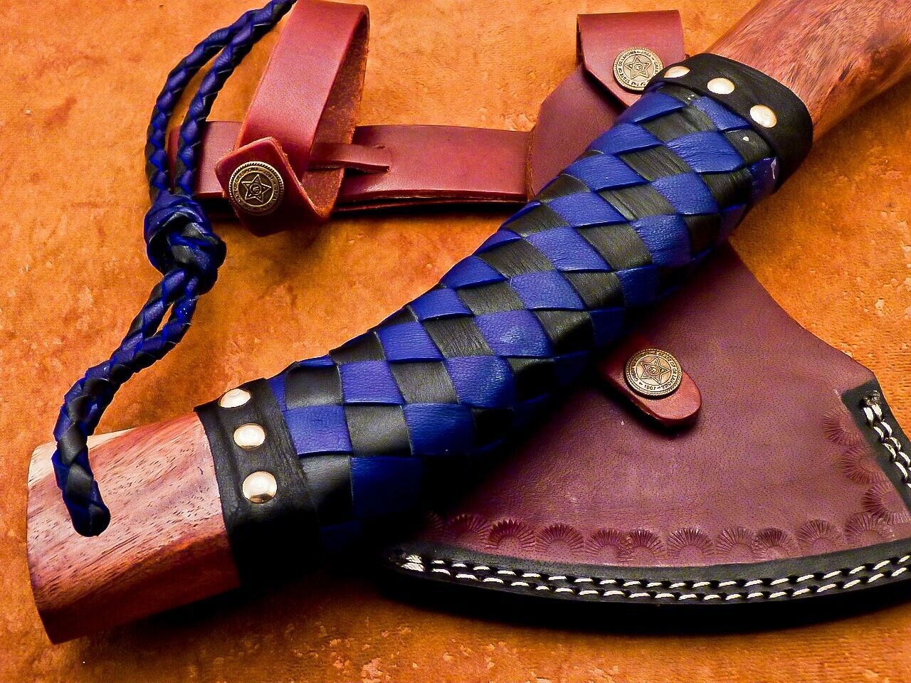 18" Hand Forged Carbon Steel Viking Bearded Hatchet Tomahawk Axe with Wooden Handle and Leather Sheath