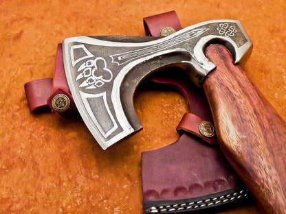18" Hand Forged Carbon Steel Viking Bearded Hatchet Tomahawk Axe with Wooden Handle and Leather Sheath