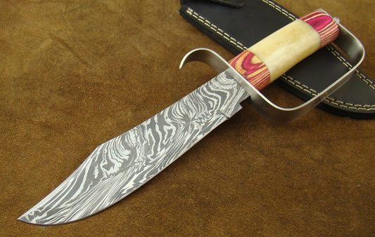 Heritage Forge Alistar Handmade Damascus Bowie Knife D Guard with Camel Bone and Pakkawood Handle