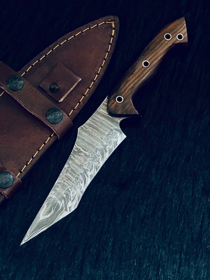 10.25" Custom Handmade Fire Damascus Tanto Hunting Knife – Camel Bone & Wood Handle