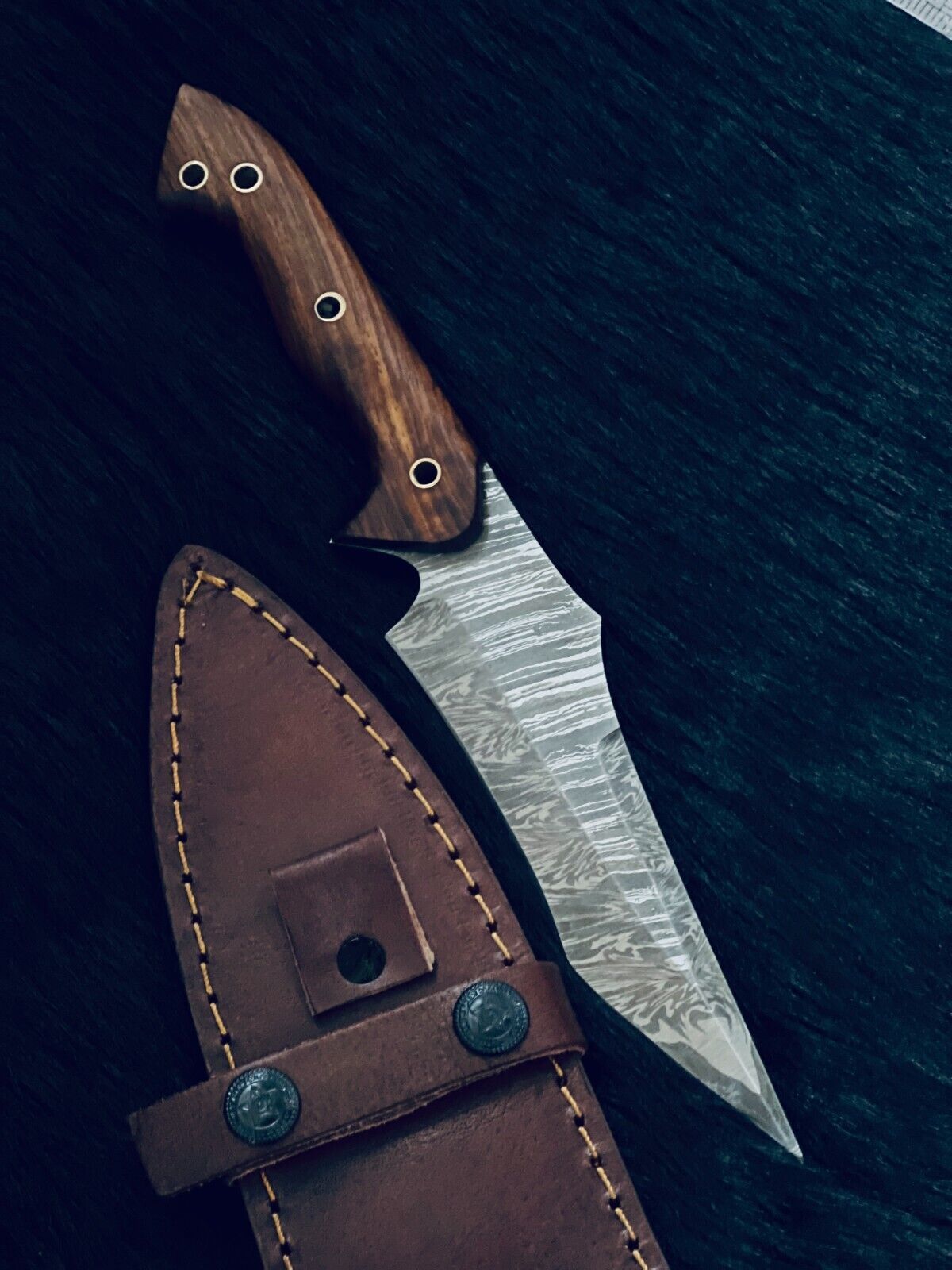 10.25" Custom Handmade Fire Damascus Tanto Hunting Knife – Camel Bone & Wood Handle
