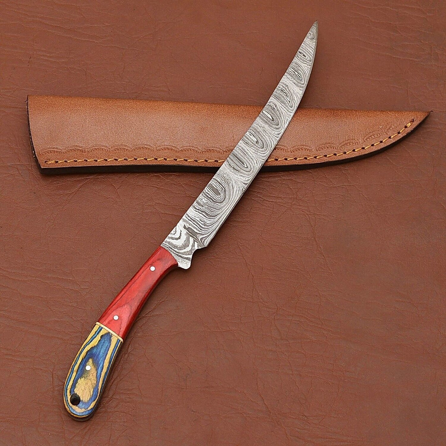Premium Full Tang Handmade Damascus Steel Chef Knife with Wood Handle & Leather Sheath