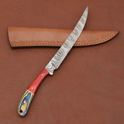 Premium Full Tang Handmade Damascus Steel Chef Knife with Wood Handle & Leather Sheath