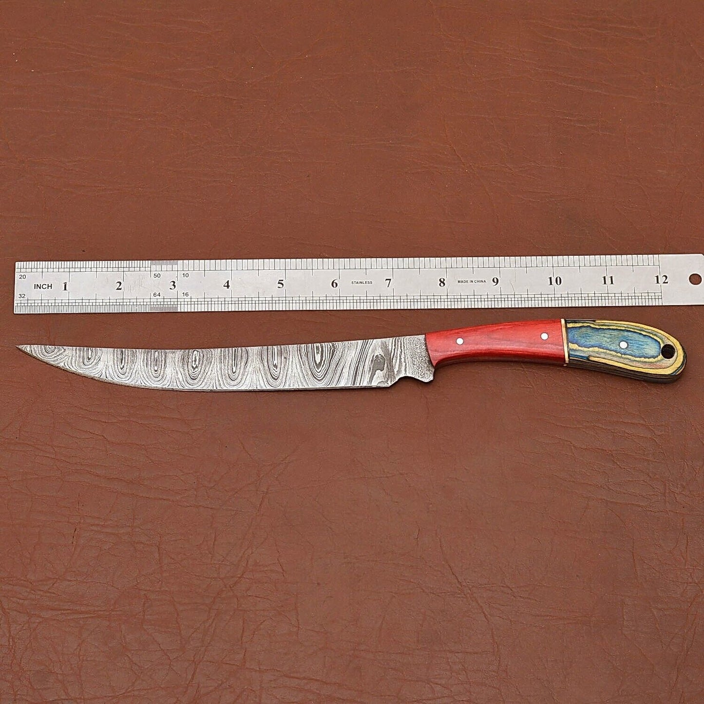 Premium Full Tang Handmade Damascus Steel Chef Knife with Wood Handle & Leather Sheath