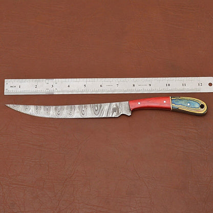 Premium Full Tang Handmade Damascus Steel Chef Knife with Wood Handle & Leather Sheath