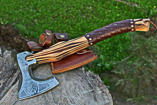 Custom Handmade Viking Axe – Carbon Steel Bearded Camping Hatchet with Rosewood Handle and Sheath