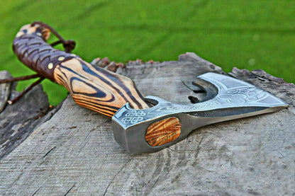 Custom Handmade Viking Axe – Carbon Steel Bearded Camping Hatchet with Rosewood Handle and Sheath