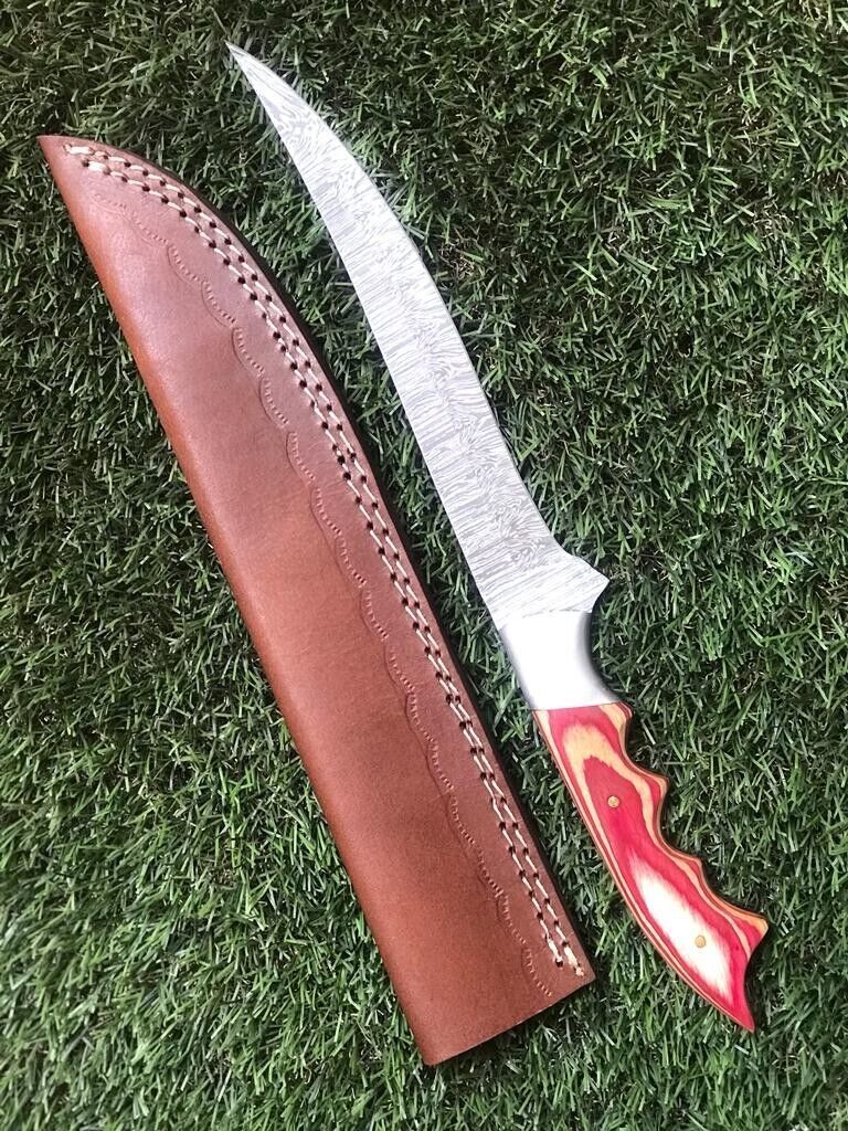 Handmade 12.5" Damascus Steel Fillet Knife Twist Pattern Damascus Fillet Knife W/Sheath