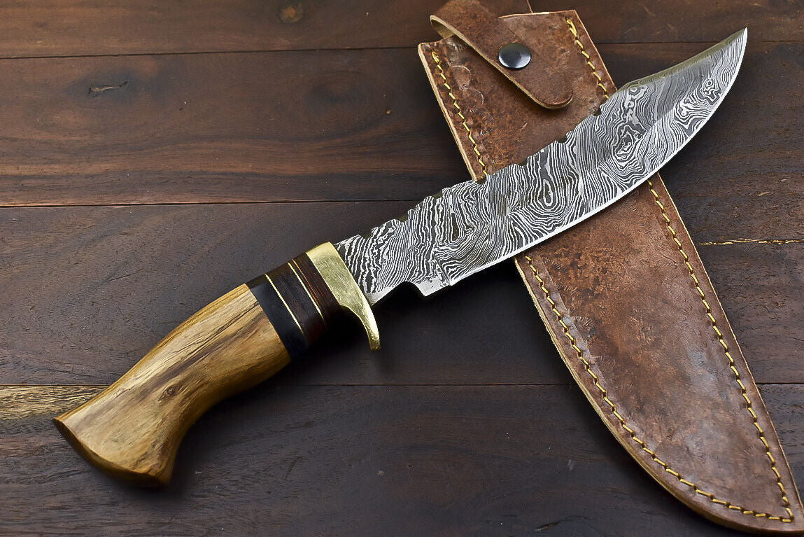 Custom Tactical Damascus Steel Bowie Knife with Walnut Wood Handle