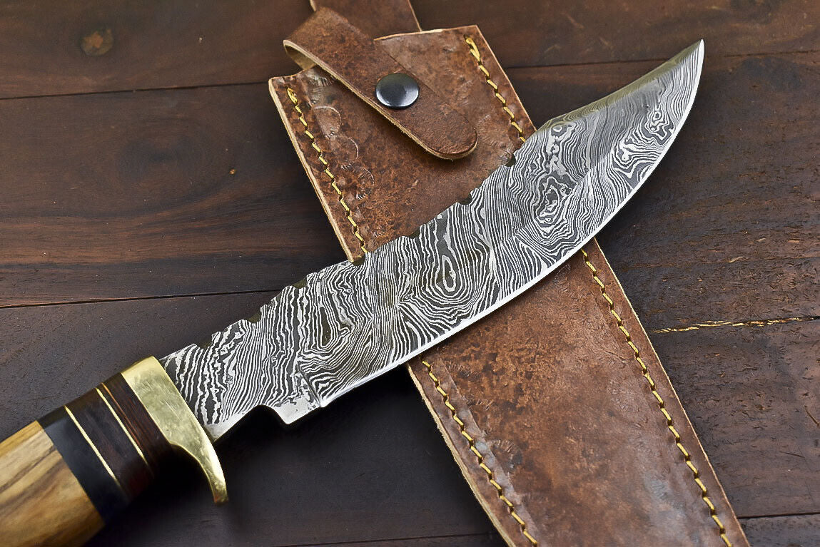 Custom Tactical Damascus Steel Bowie Knife with Walnut Wood Handle