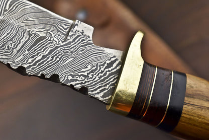 Custom Tactical Damascus Steel Bowie Knife with Walnut Wood Handle