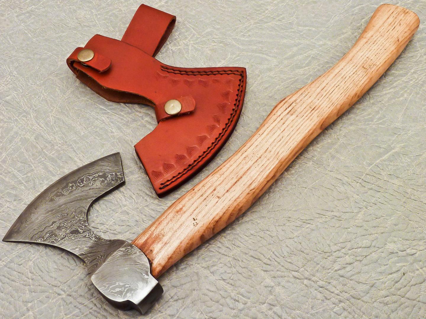 14.5 Inch Handmade Damascus Steel Axe with Olive Wood Handle and Leather Sheath