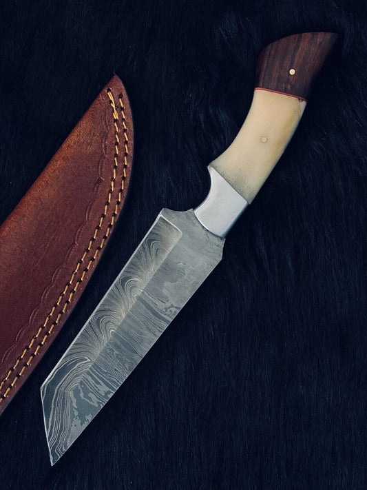 Heritage Forge 10.5 Inch Handmade Twist Damascus Steel Hunting Knife with Camel Bone and Wood Handle