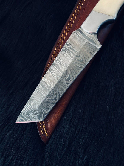 Heritage Forge 10.5 Inch Handmade Twist Damascus Steel Hunting Knife with Camel Bone and Wood Handle
