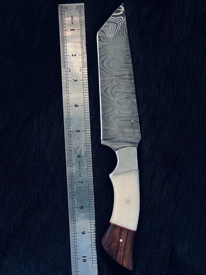 Heritage Forge 10.5 Inch Handmade Twist Damascus Steel Hunting Knife with Camel Bone and Wood Handle