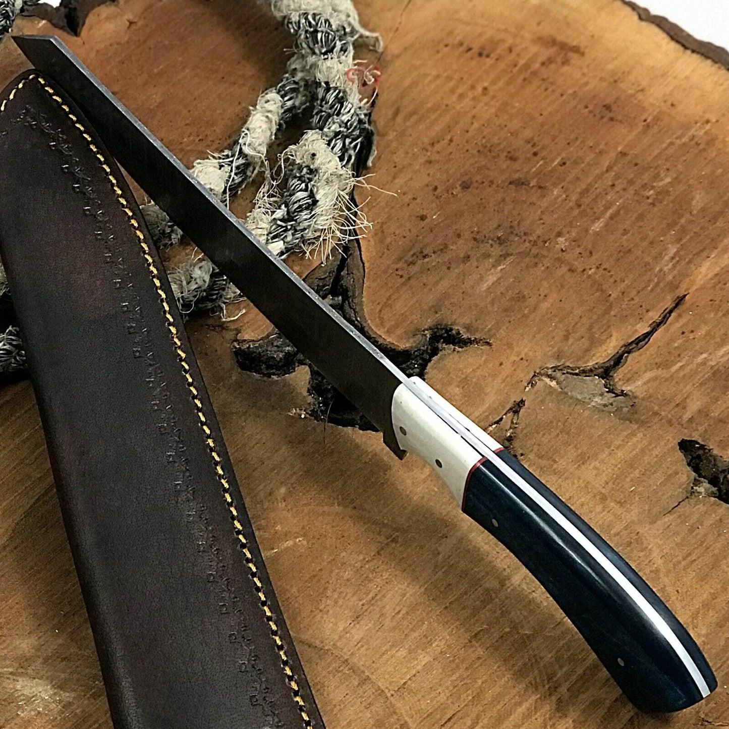 14" Handmade Twist Damascus Steel Brisket Fillet & Hunting Chef Knife with Leather Sheath