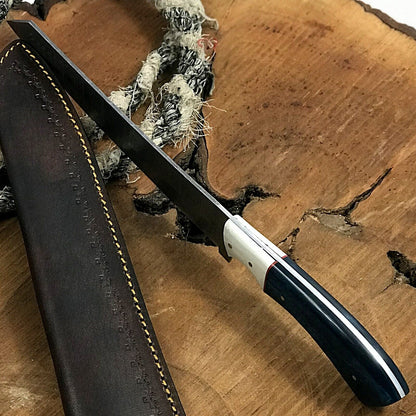 14" Handmade Twist Damascus Steel Brisket Fillet & Hunting Chef Knife with Leather Sheath