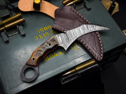 Handmade 8” Damascus Karambit Knife Full Tang Damascus Steel Knife with Horn Handle