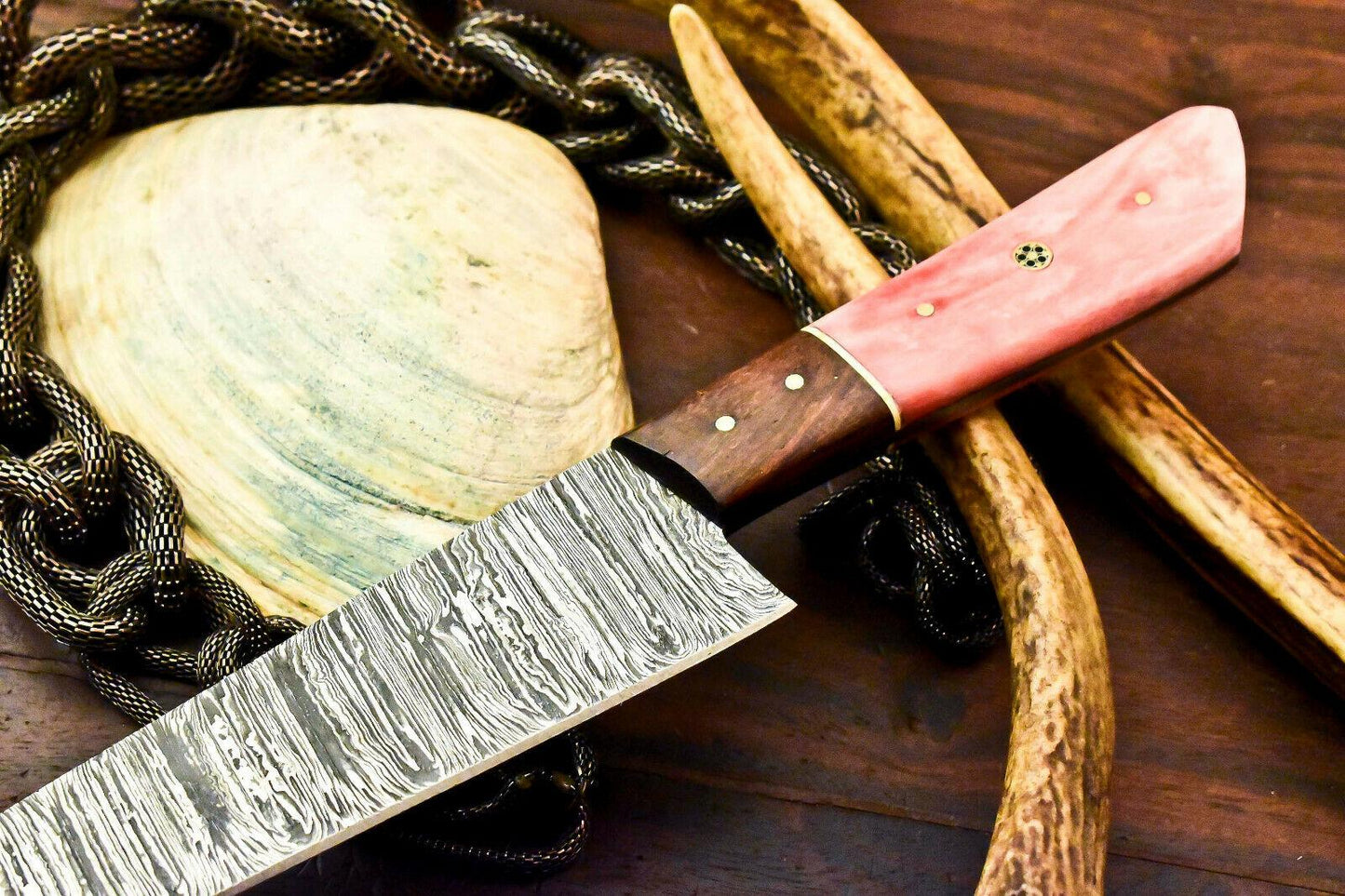Custom Handmade Damascus Steel Chef Knife | Full Tang | Stained Camel Bone Handle 12.5"