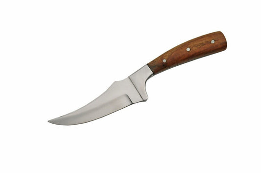 7" Skinner Knife – Full Tang Stainless Steel Trailing Point Blade with Wood Handle & Leather Sheath