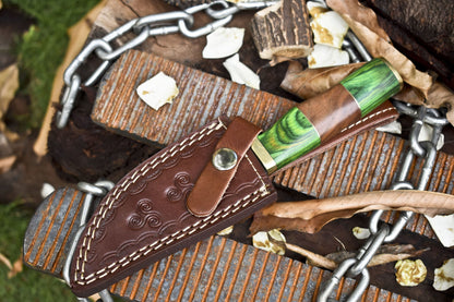 Custom Skinner Knife Fire Damascus Hard Wood Brass Guard Handmade Outdoor Hunting Knife w/ Leather Sheath
