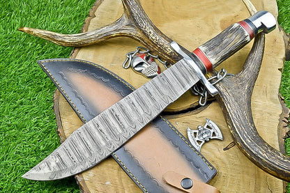 17" Premium Handmade Damascus Steel Bowie Knife – Stag Handle & Leather Sheath