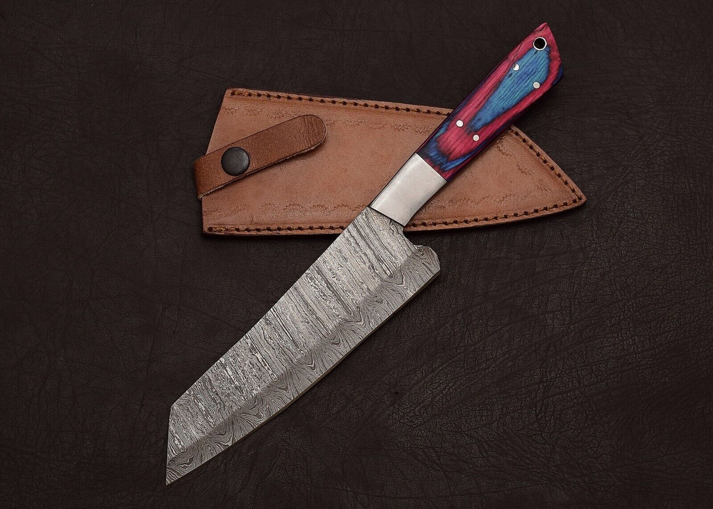 Full Tang Handmade Damascus Steel Chef & Hunting Knife 8" Pakka Wood Handle Sheath