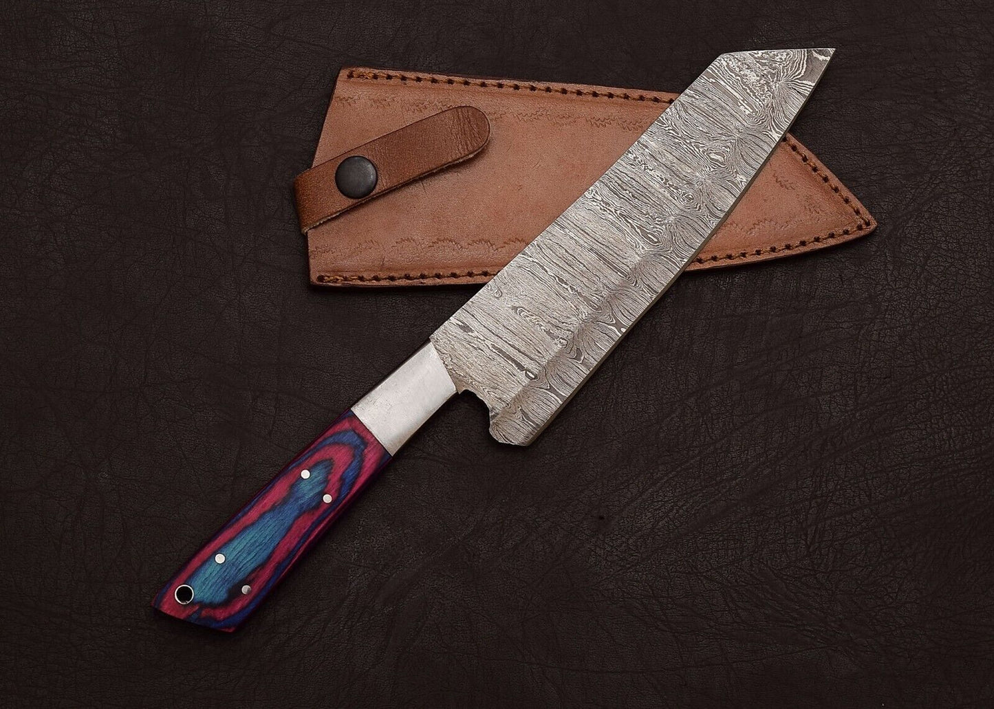Full Tang Handmade Damascus Steel Chef & Hunting Knife 8" Pakka Wood Handle Sheath