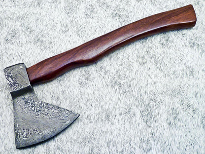 Damascus Steel Axe – Limited Edition Custom Forged Battle Axe with Natural Wood Handle and Leather Sheath