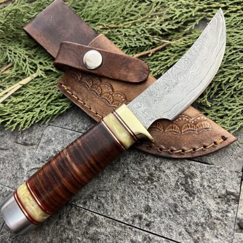 8" Handmade Damascus Mini Bushcraft Bowie Knife – Leather Handle with Sheath