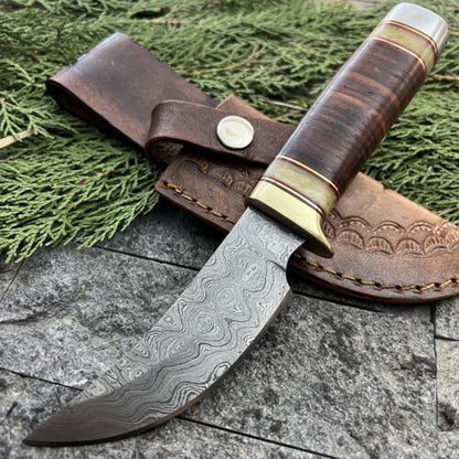 8" Handmade Damascus Mini Bushcraft Bowie Knife – Leather Handle with Sheath