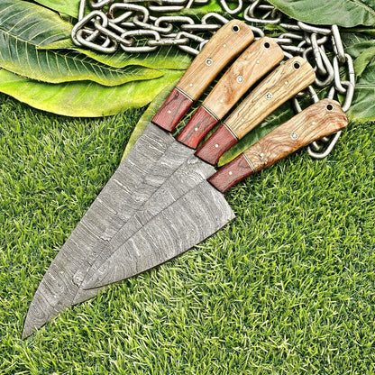 Lot of 4 Damascus Steel Chef Knives Set – Full Tang Kitchen Knife Collection
