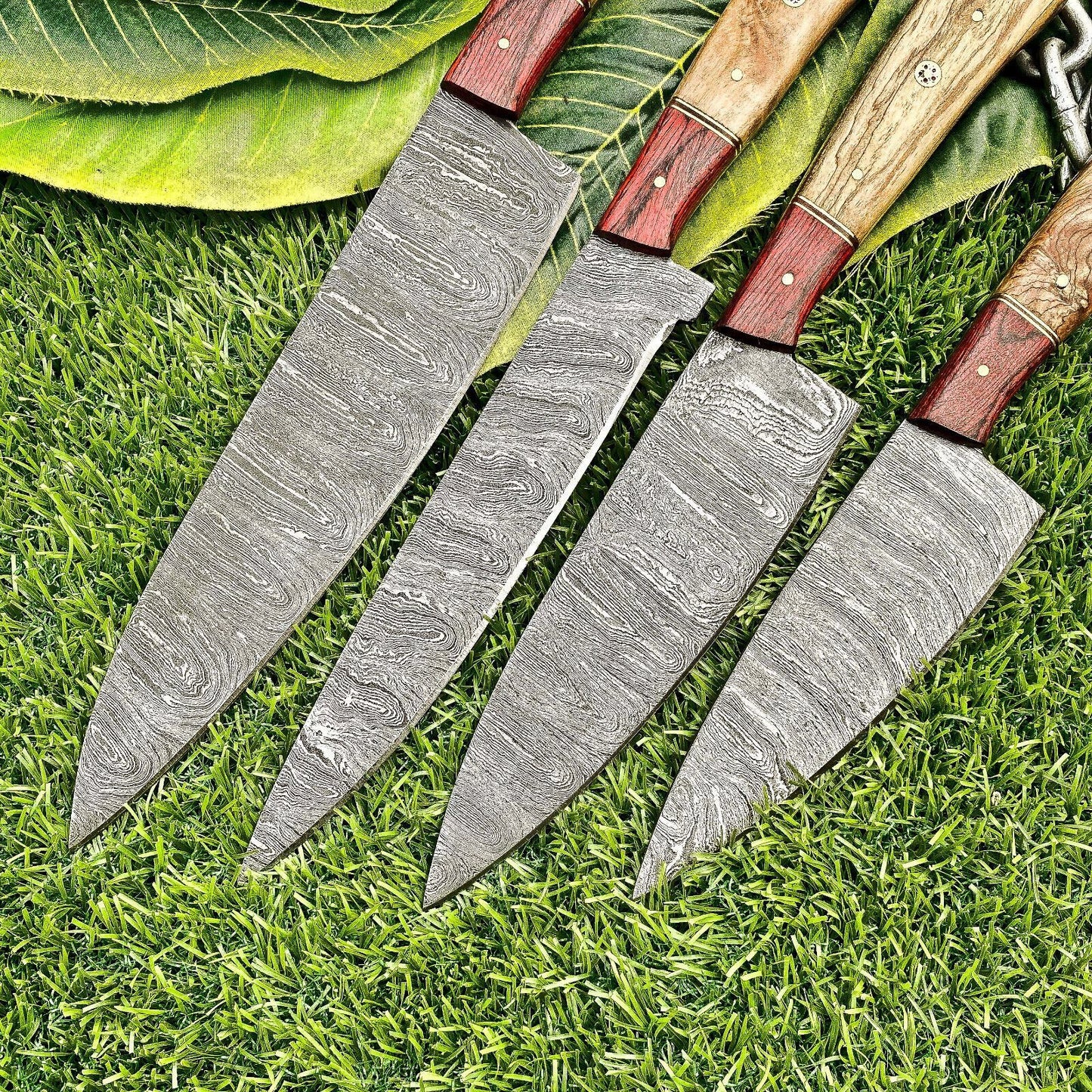 Lot of 4 Damascus Steel Chef Knives Set – Full Tang Kitchen Knife Collection